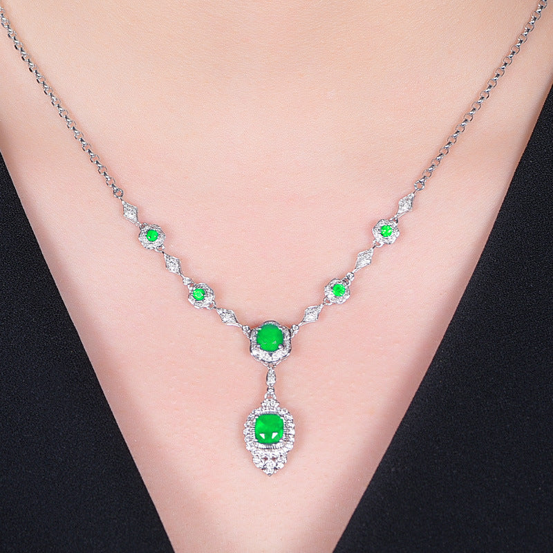 14K White Gold Emerald Necklace Women Gift