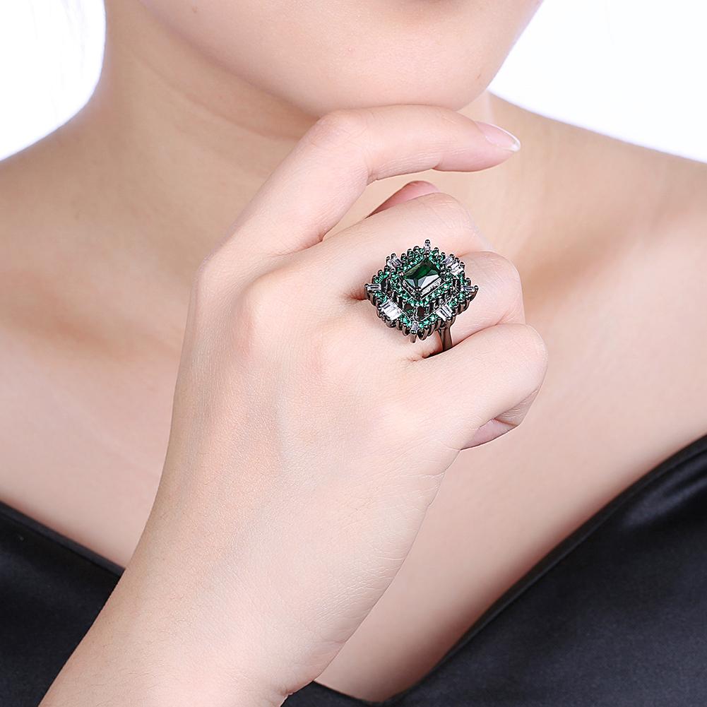 18K Black Plated Double Teired Cocktail Ring With Green Emerald  Crystals Ring