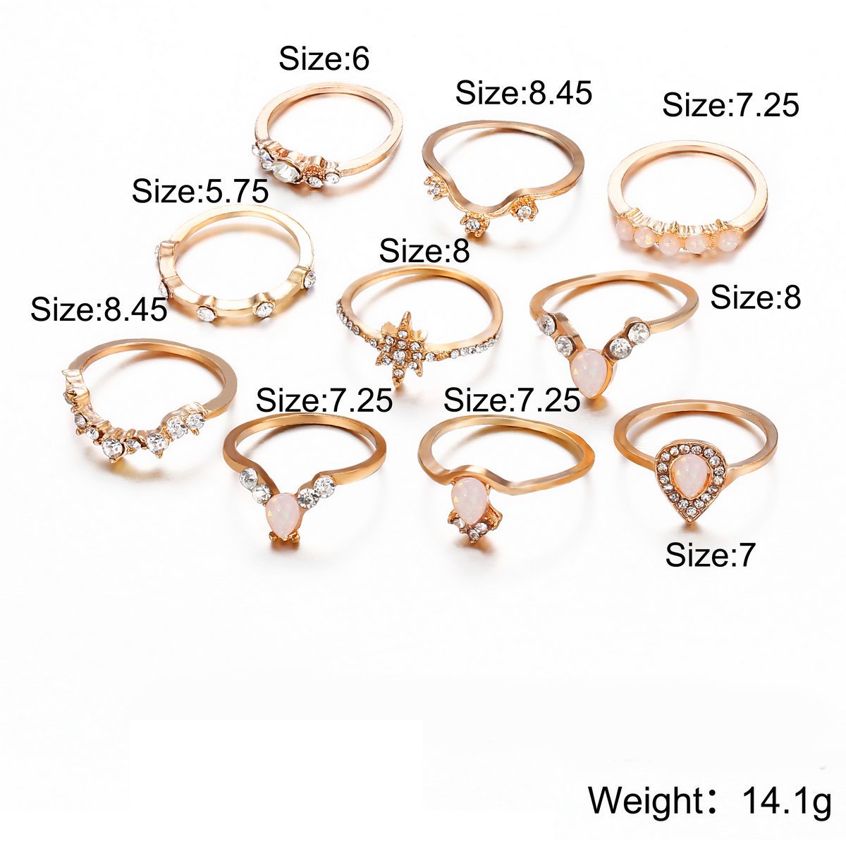 18K Gold Plated 10 Piece Opal Created Ring Set Crystals