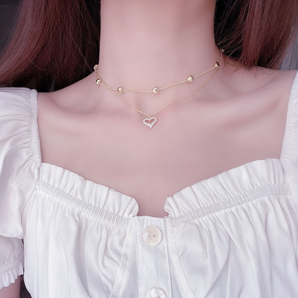 14K Gold Heart Pendant Necklace Double Layer Cubic Zirconia
