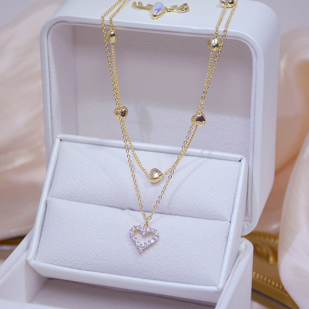 14K Gold Heart Pendant Necklace Double Layer Cubic Zirconia