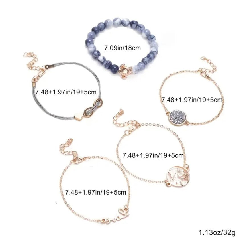 5 Piece Turtle Bracelet Set With Austrian Crystals 18K Gold Plated Bracelet