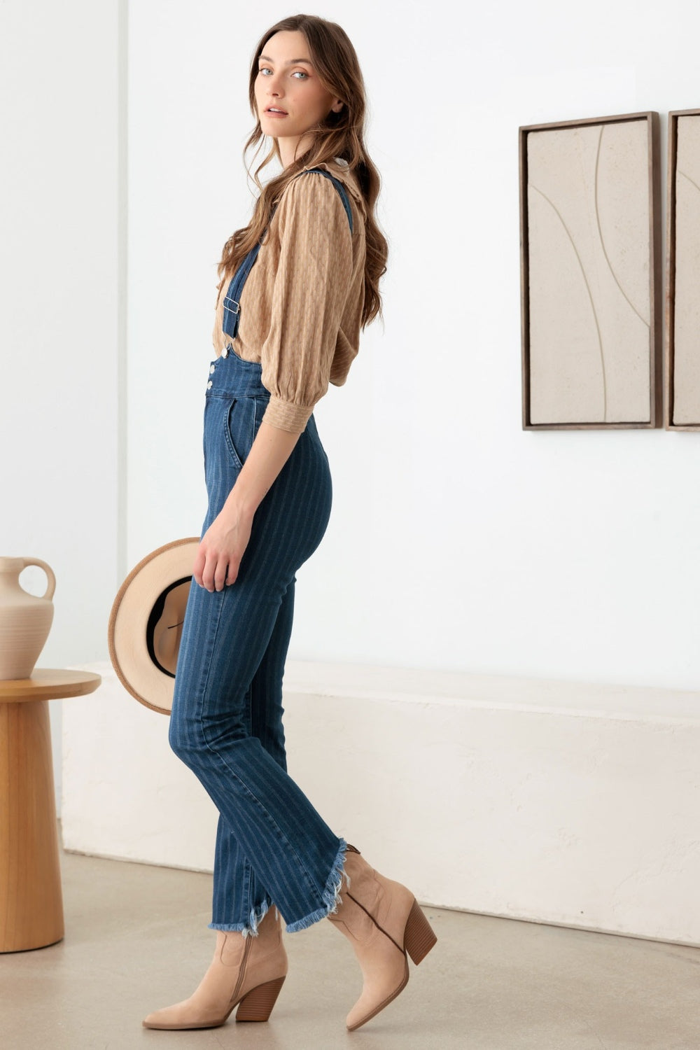 Litz La Striped Stretched Suspender Denim Overalls