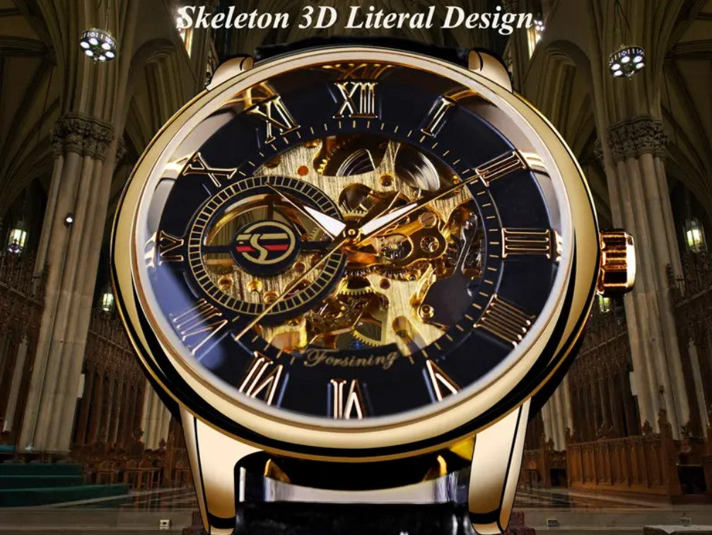 Men's Hollow Black Golden Case Skeleton Mechanical Watch Forsining