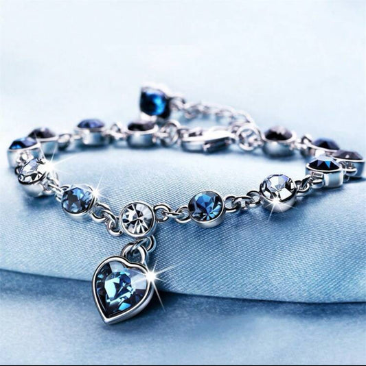 S925 Sterling Silver Adjustable Love Heart Link Bracelet with Blue Crystal Birthday Anniversary Jewelry Gifts