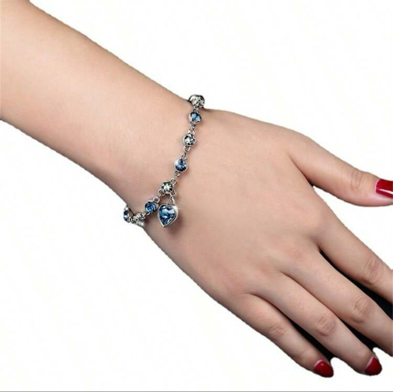 S925 Sterling Silver Adjustable Love Heart Link Bracelet with Blue Crystal Birthday Anniversary Jewelry Gifts
