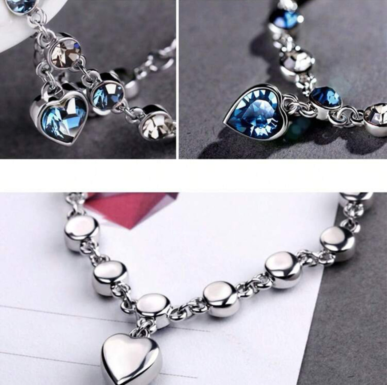 S925 Sterling Silver Adjustable Love Heart Link Bracelet with Blue Crystal Birthday Anniversary Jewelry Gifts