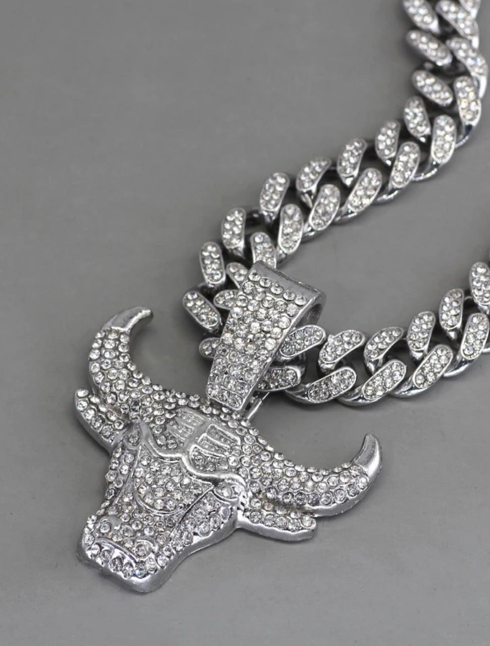 Cuban Chain Rhinestone Necklace for Men with Bull Pendant