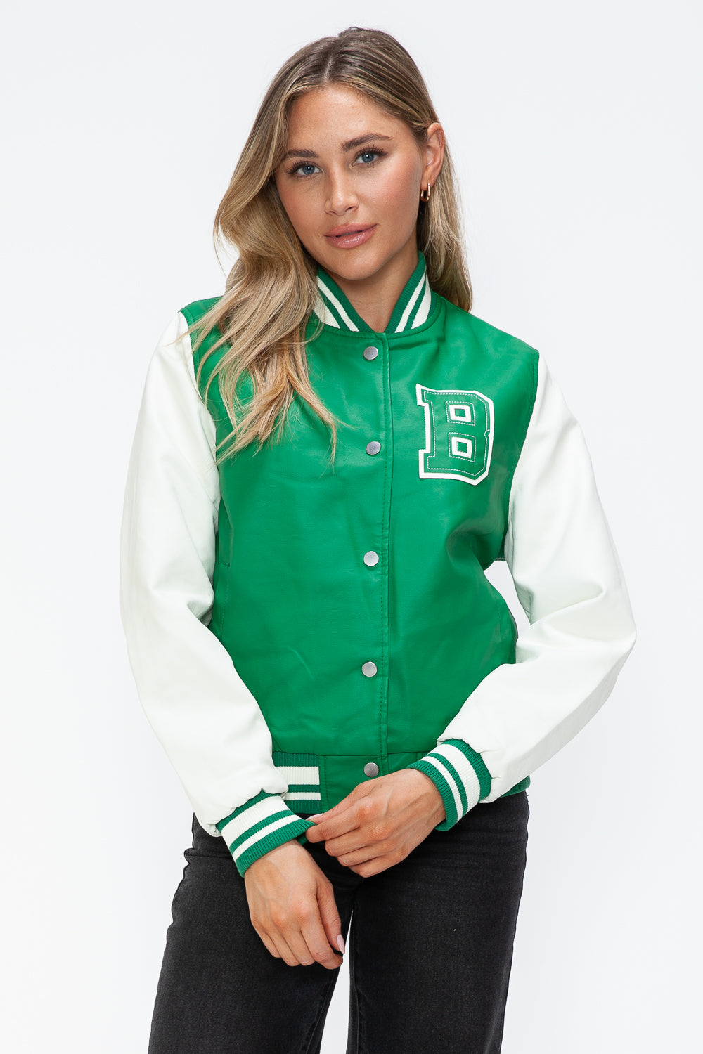 Love Me Now PU Leather Contrast Snap Down Bomber Jacket