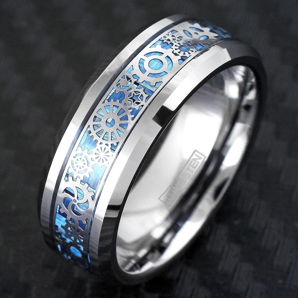 8MM Steampunk Gears Blue Faux Carbon Fiber Inlay Tungsten Ring Men