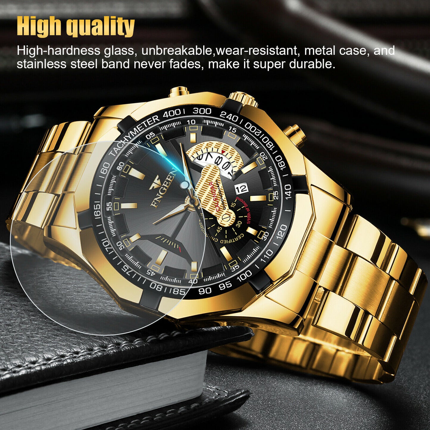 Gold Stainless Steel Quartz Watch For Men Waterproof Classic