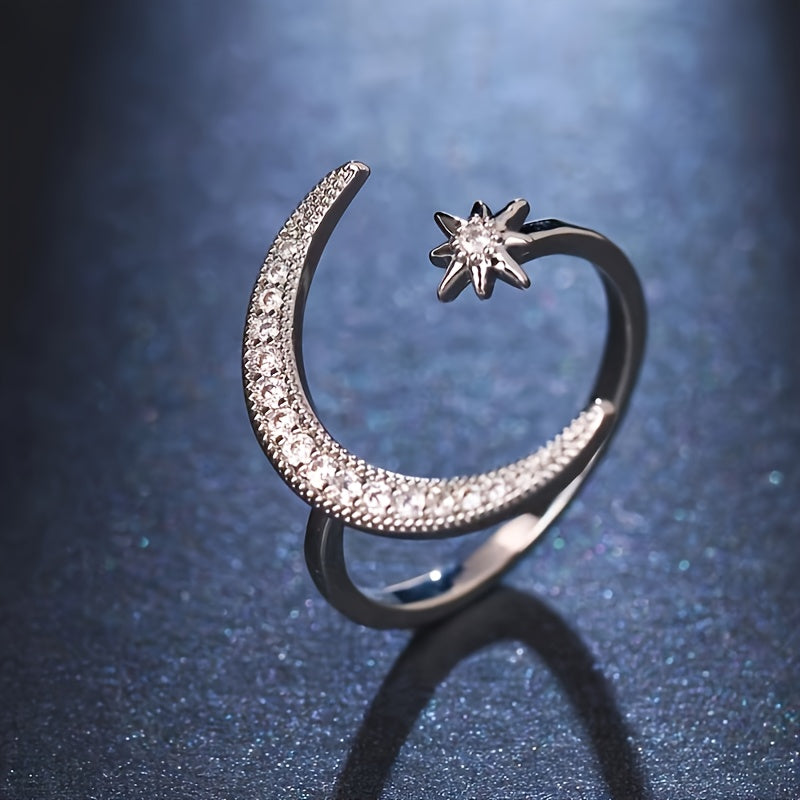 White Gold Crescent Moon & Star Adjustable Open Ring For Her In Sterling Silver