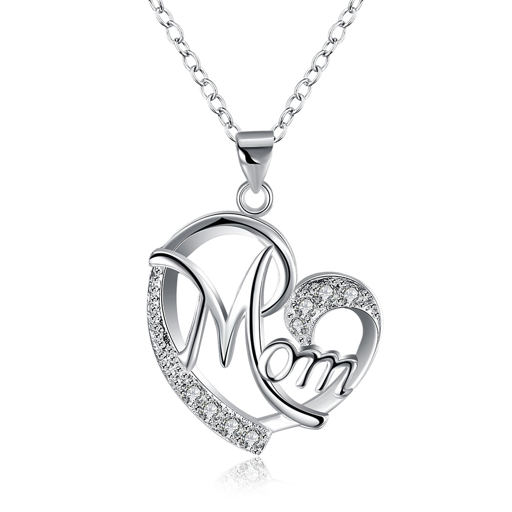 18K White Gold Plated I Love MOM Necklace