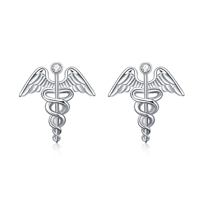 Caduceus Angel Nurse Earrings Sterling Silver Medical Symbol Studs with White Crystal Jewelry Gift for Women Nurse Doctor Medical Student