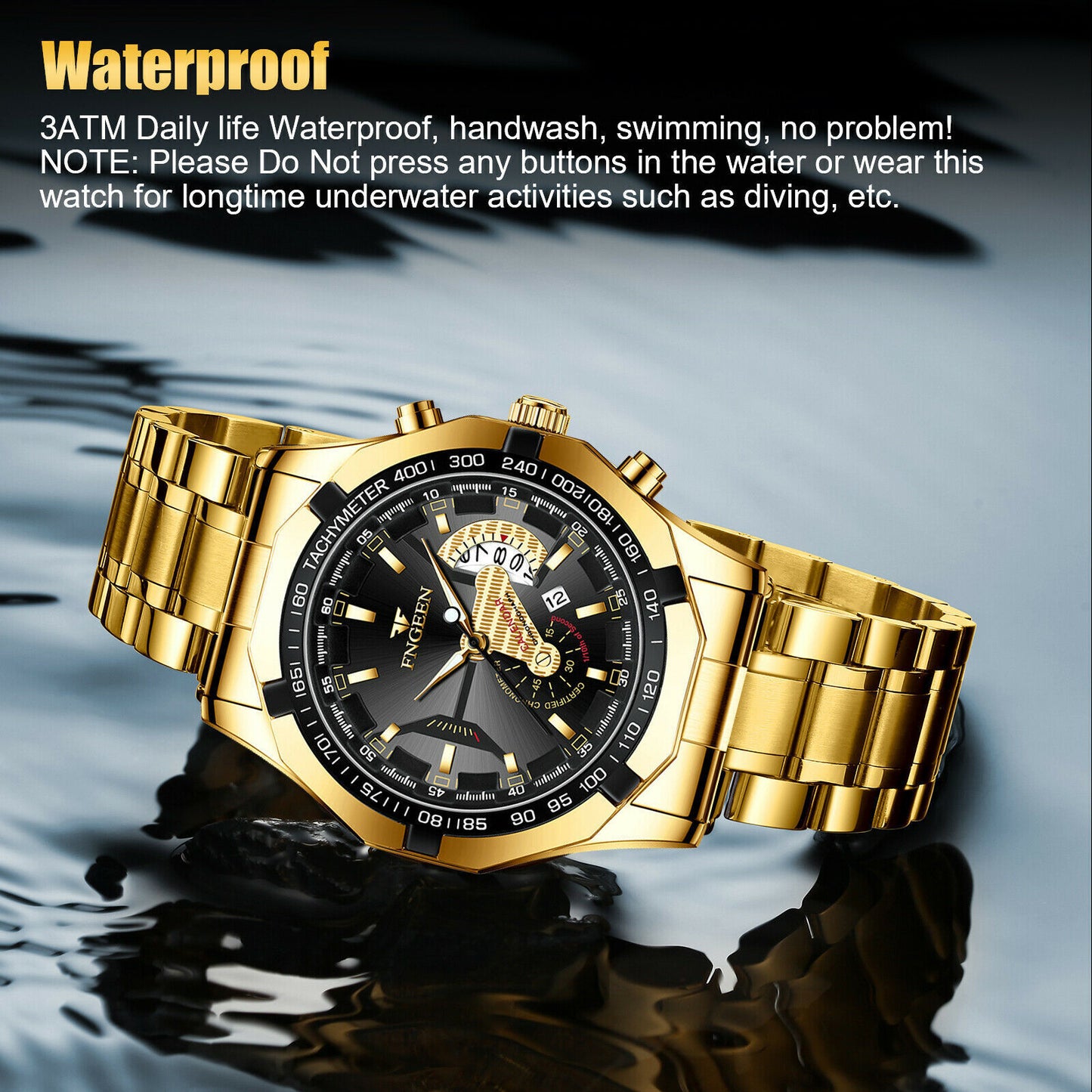Gold Stainless Steel Quartz Watch For Men Waterproof Classic