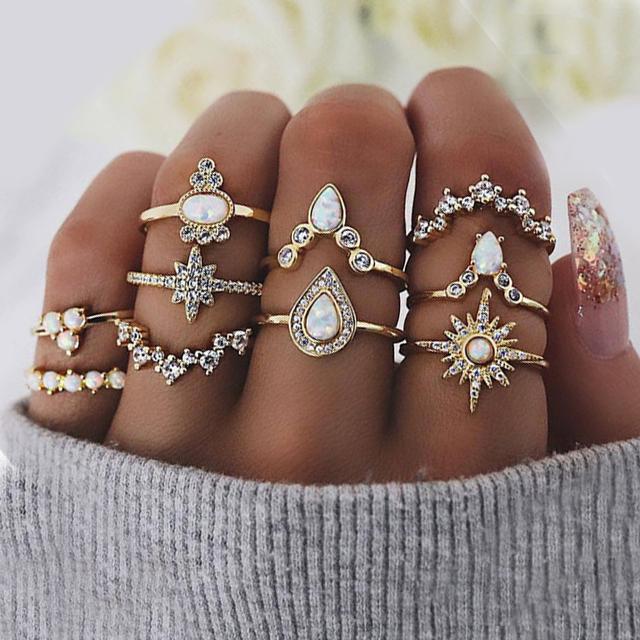 18K Gold Plated 10 Piece Opal Created Ring Set Crystals
