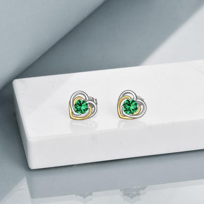 925 Sterling Silver Heart Stud Earrings With May Birthstone Emerald For Women