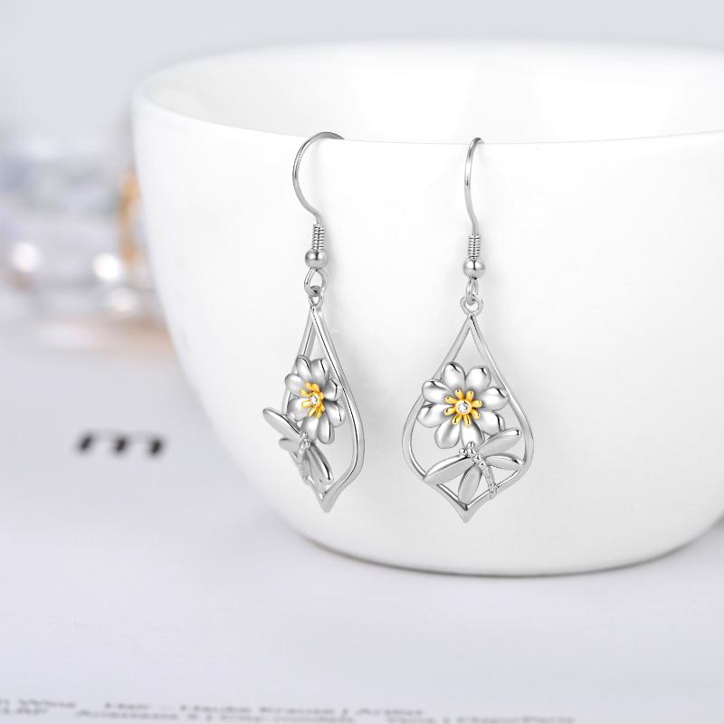 Sterling Silver Daisy Flower Dangle Drop Hooks Earrings for Women Teens