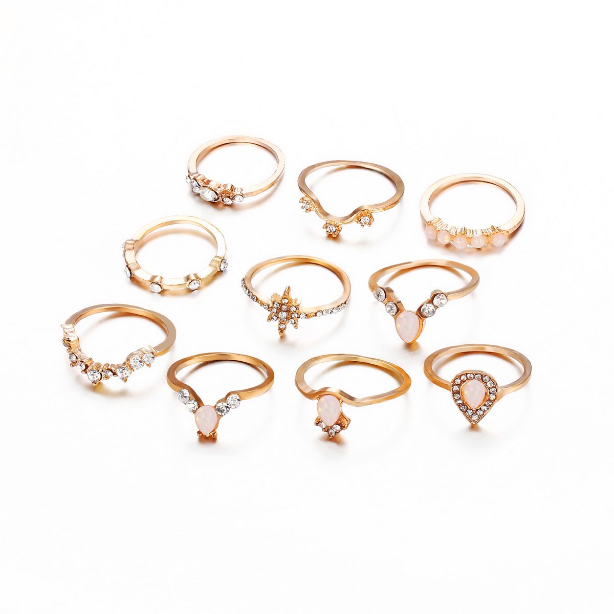 18K Gold Plated 10 Piece Opal Created Ring Set Crystals