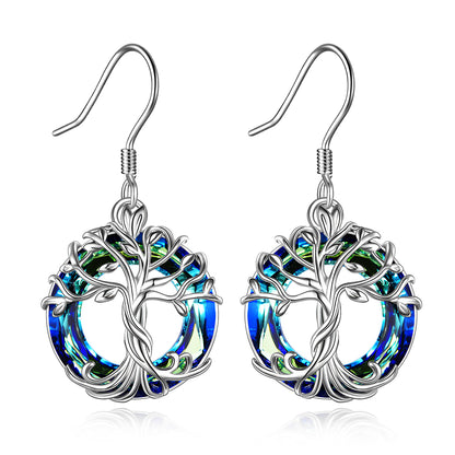 Tree of Life Earrings Sterling Silver Dangle Drop Earrings with Blue Circle Crystal For Women