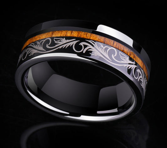 Tungsten Gold Wood Ring For Men