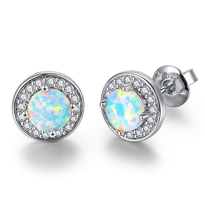 Sleek Simple Minimalistic Opal Button Studs in 14K White Gold Plating BOGO
