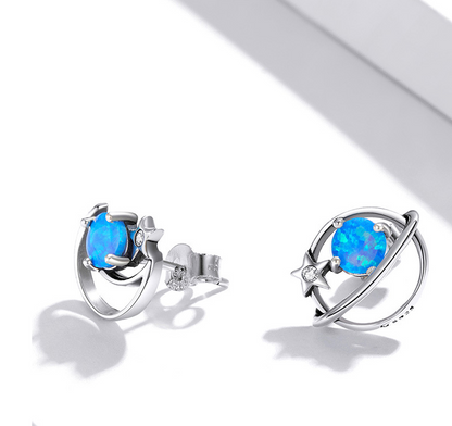 Sterling Silver Earrings For Women With Simple Hollow Blue Opal Earrings