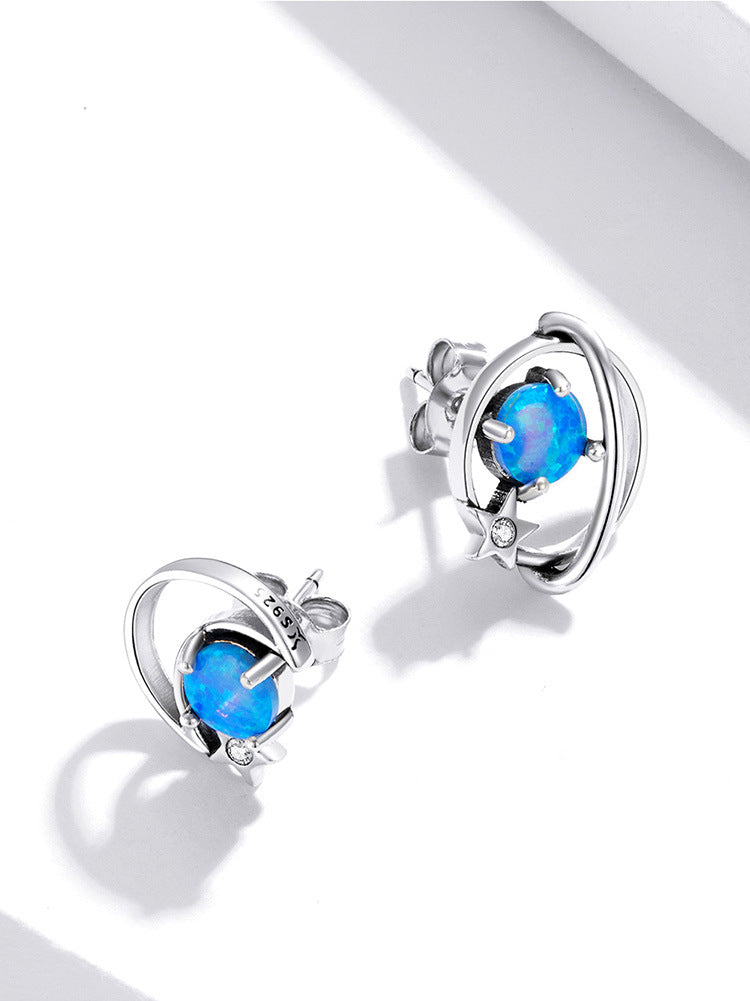 Sterling Silver Earrings For Women With Simple Hollow Blue Opal Earrings