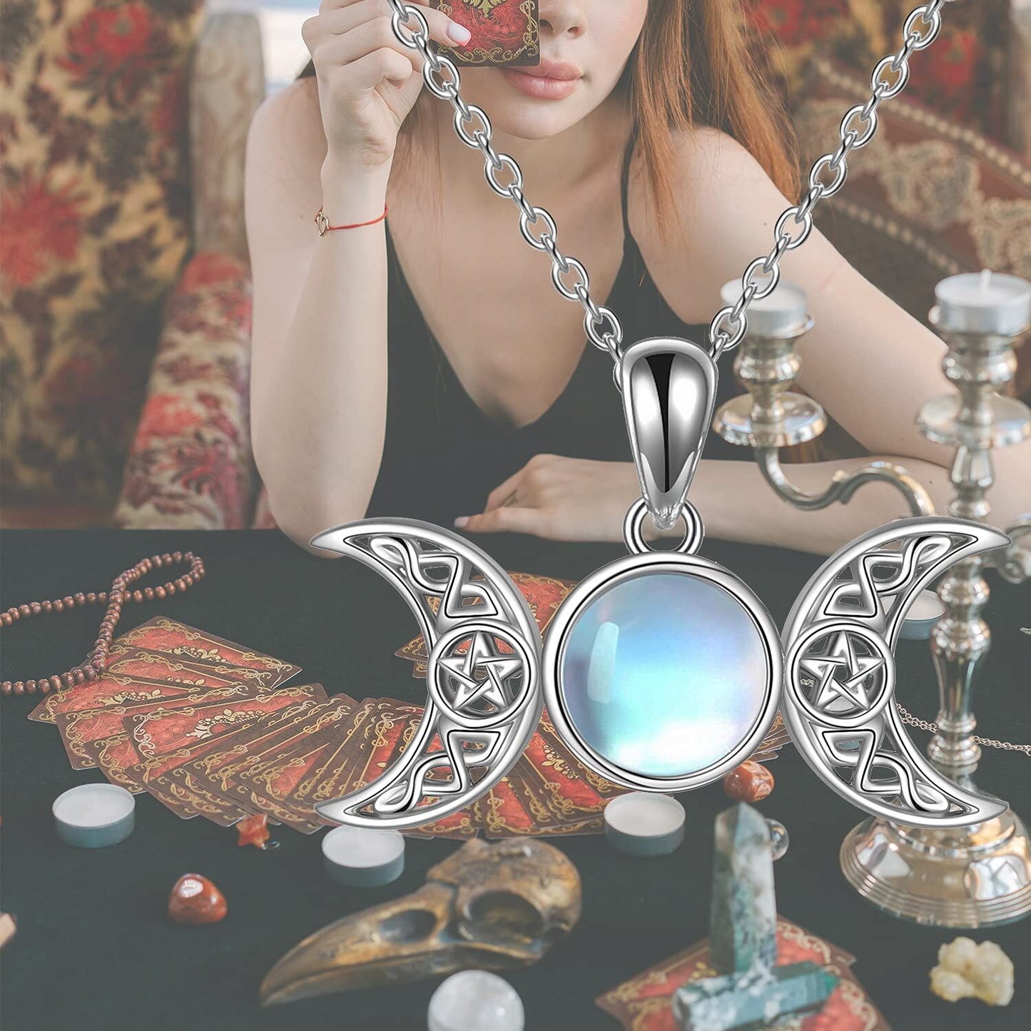 Sterling Silver Moonstone Triple Moon Goddess Necklace Gift Women Girls
