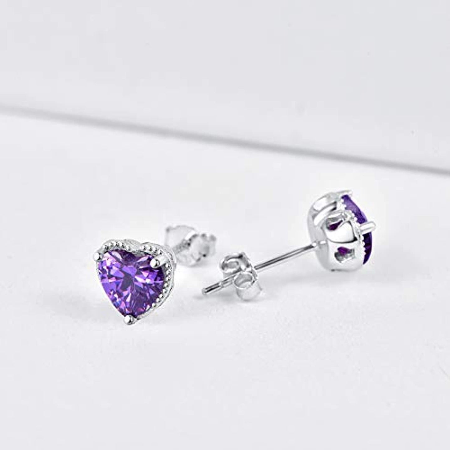 Sterling Silver Amethyst Studs Purple Heart Shape Hypoallergenic Earrings For Women