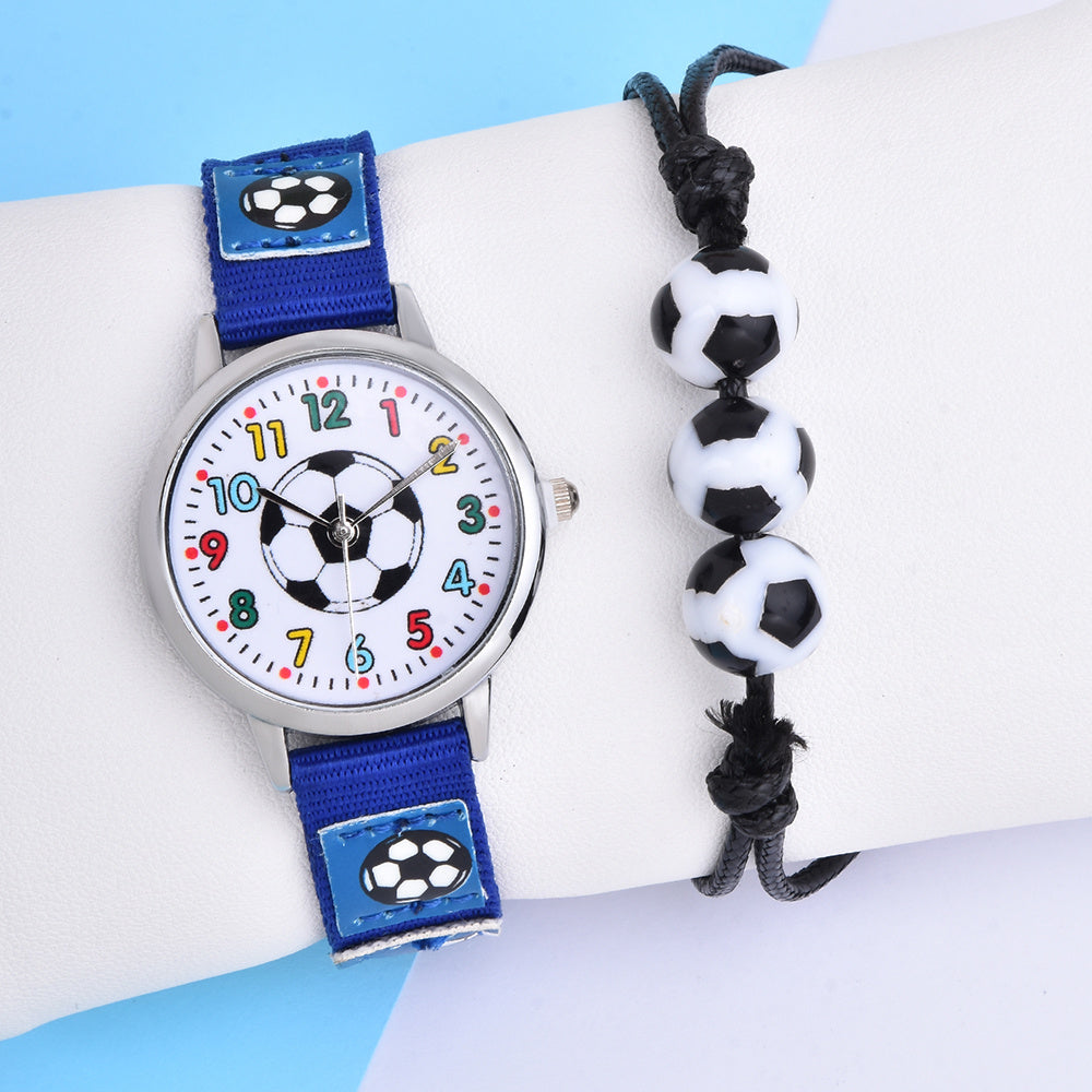 2pcs Boys Watch Blue Soccer Bracelet Set