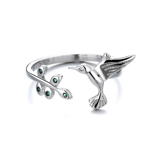 925 Sterling Silver Hummingbird Leaf Design Ring