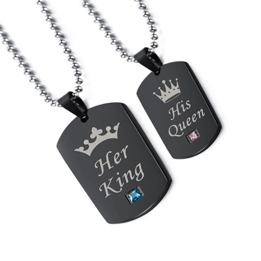 Couple Necklace His Hers Titanium Stainless Steel Pendant Crown Tag Queen & King Matching Set Gift