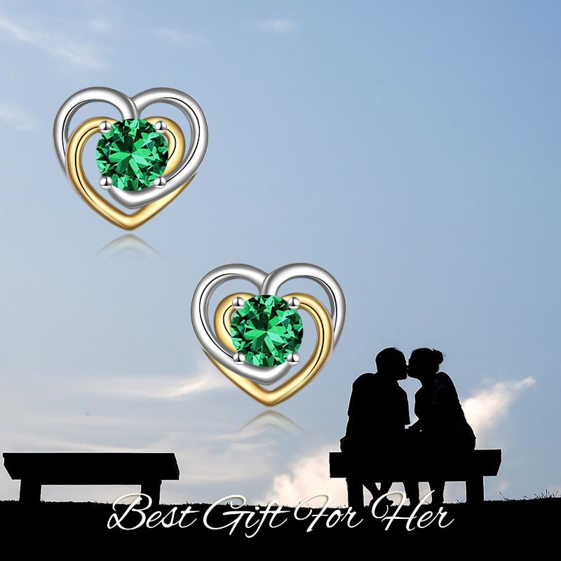 925 Sterling Silver Heart Stud Earrings With May Birthstone Emerald For Women