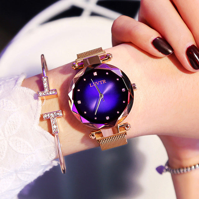 Luxury Quartz Starry Sky Dial Ladies Wrist Watches, Magnetic Mesh Band Watch and Bracelet Set