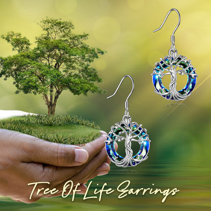 Tree of Life Earrings Sterling Silver Dangle Drop Earrings with Blue Circle Crystal For Women