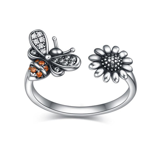 Sterling Silver Adjustable Bee Ring Bee-live You Are My Sunshine Sunflower Thumb Rings For Women Ladies