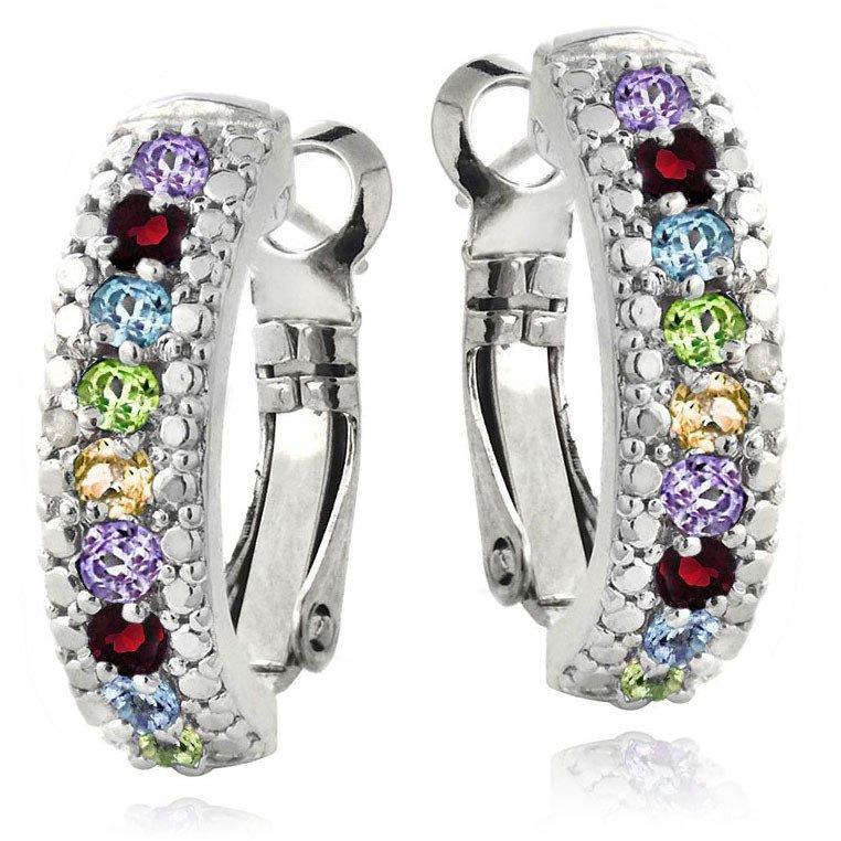 Genuine Multi Gemstone Lever Back Earring Embellished with Crystals in 18K White Gold Plated