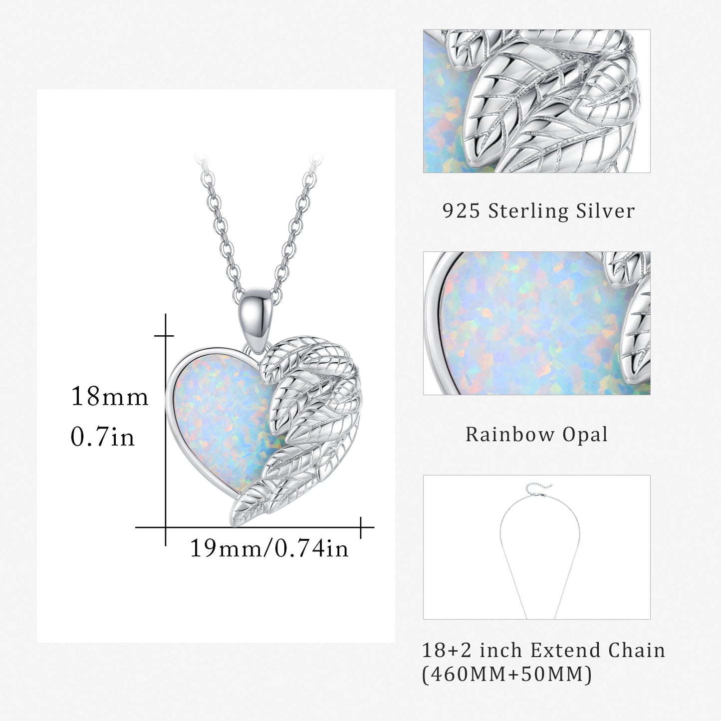 Angel Wing Sterling Silver Heart Opal Guardian Dainty Rainbow Pendant Necklace
