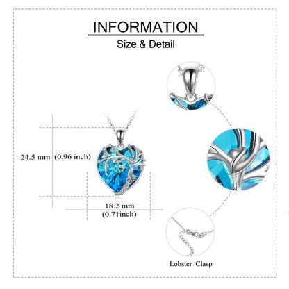 Sterling Silver Blue Crystal Heart Pendant Tree of Life Necklace