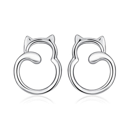 925 Sterling Silver Cute Mini Love Cat Women Girl Stud Earrings Chunky Cat