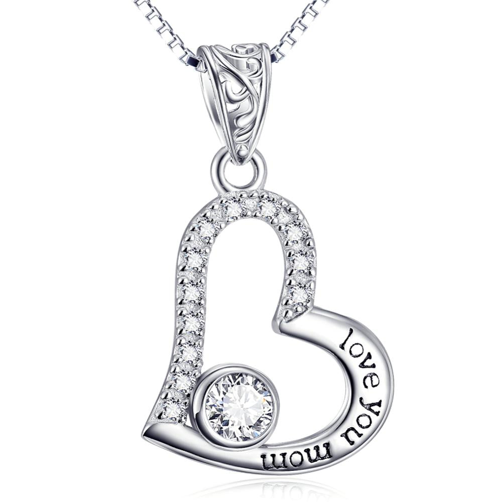 Sterling Silver Love You Mom Love Heart Pendant Necklace