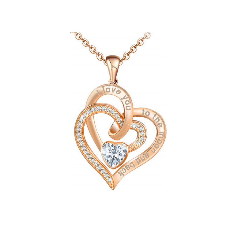 Rose Gold Double Heart Rhinestone Heart Necklace I Love You To The Moon And Back