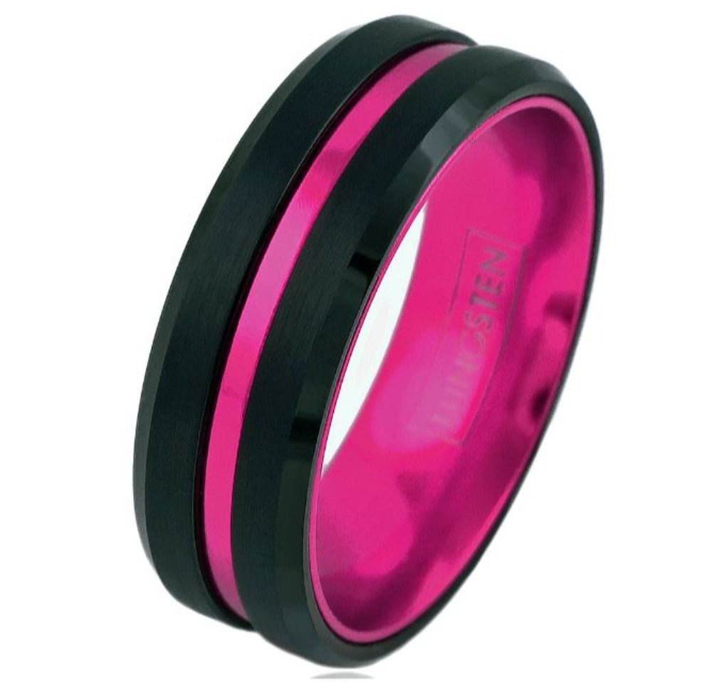 Black Tungsten and Hot Pink Stripe Wedding Ring