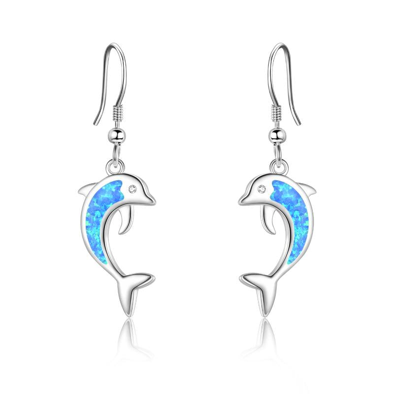 Dolphin Earrings Sterling Silver Blue Opal Ocean Themed Dangle Earrings Jewelry with Fishhook