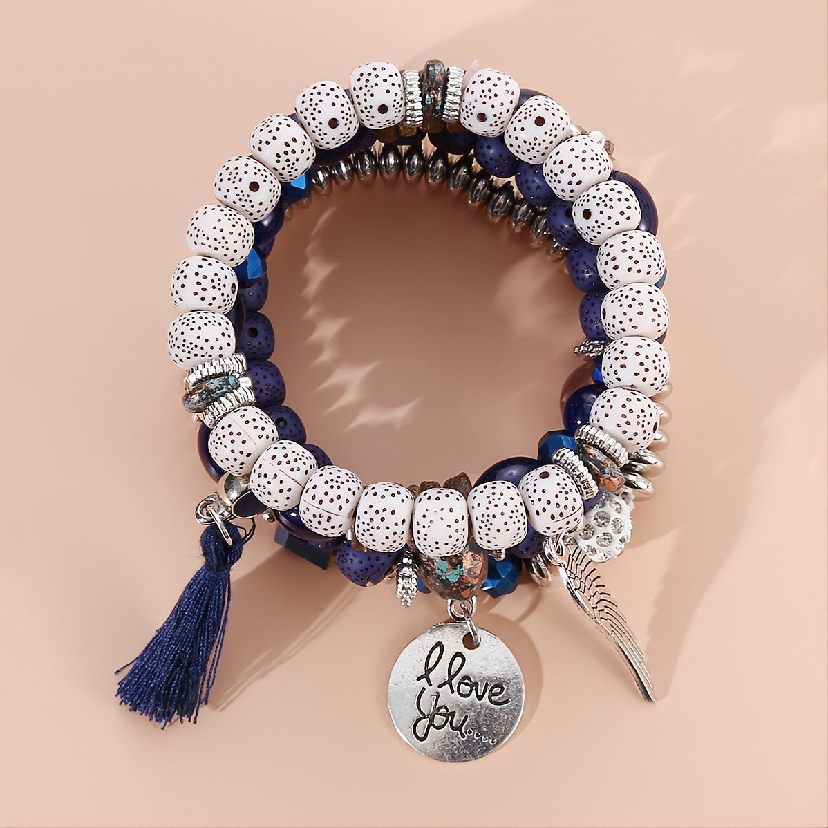 Bohemian Stackable Wood Beads Bracelets Boho Multilayer Stretch Crystal Beaded Bracelet Statement Tassel Bangles for Women Girls