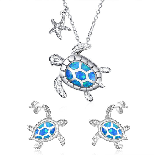 Sterling Silver Starfish Sea Turtle Pendant Necklaces Opal Ocean Jewelry Set