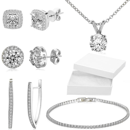 10Ct Tennis Bracelet + Halo Earring+ Necklace With  Crystals - 5 Piece Set with Luxe Box - 18K White Gold