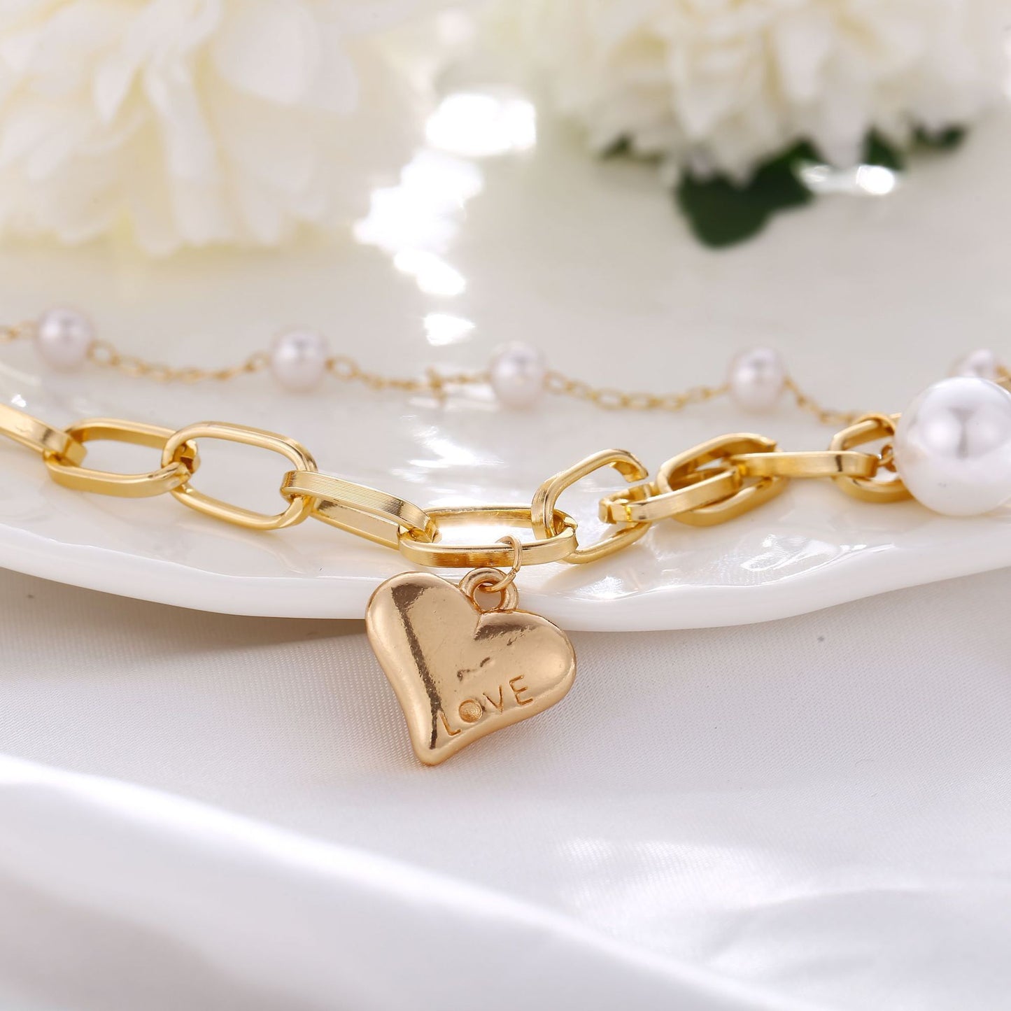2 Piece Heart and Pearl Bracelet Set 18K Gold Plated Bracelet