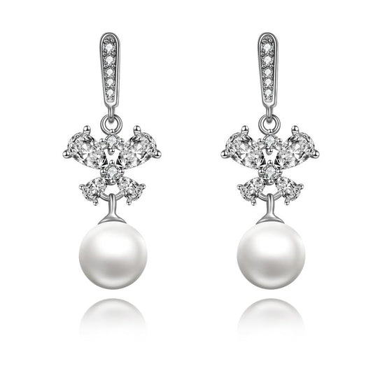 Butterfly Sterling Silver Cubic Zirconia Dangle Drop Earrings with Pearl for Women